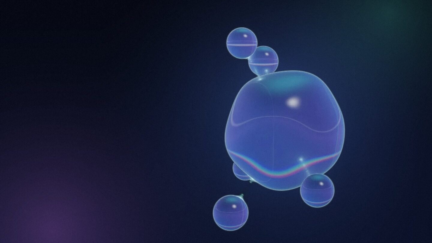 Translucent blue glass sphere with smaller spheres in orbit, a visual for being cited in AI answers