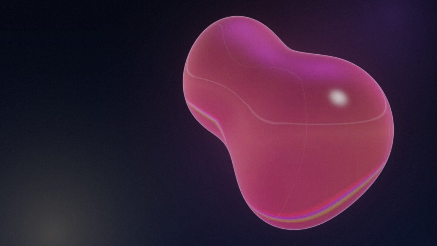 Rose-pink liquid-glass shape on a dark background, illustrating short-form video for B2B brands